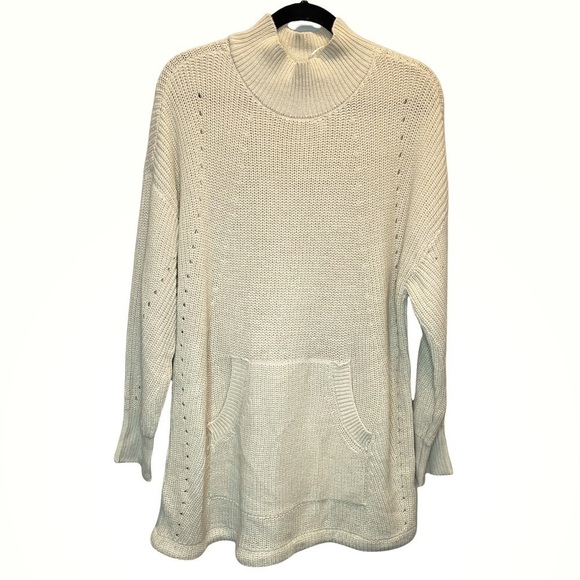 RDI Nordstrom Mock Neck Kangaroo Pocket Ribbed Tunic Sweater White Beach Tan New - Picture 2 of 7